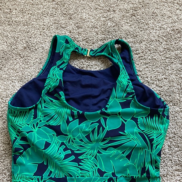 Lands' End High Neck Navy & Green Palm Leaf Print One-Piece UPF Swimsuit sz XL - Picture 6 of 7